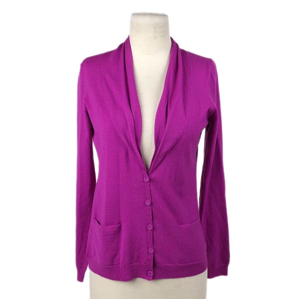 Theory Arabel New Steady Fuchsia Purple Merino Wool V Neck Cardigan Pockets Sz M